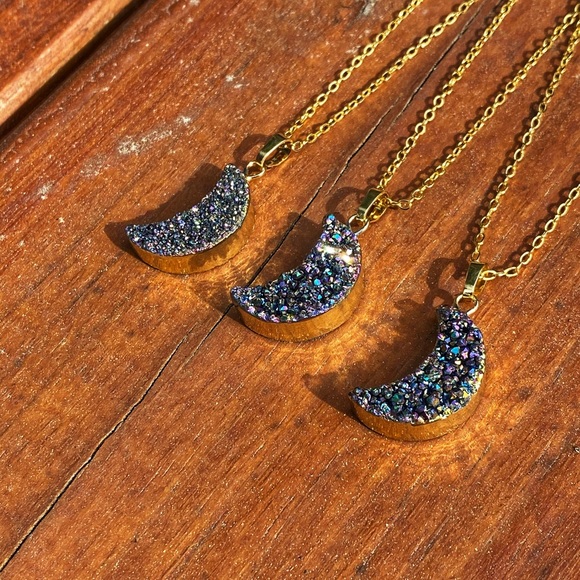 Rainbow Titanium Druzy Moon Necklace - Picture 4 of 5